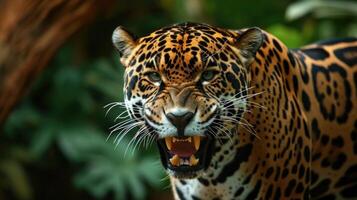 Closeup of a jaguars snarling face displaying resentment towards the encroachment of its habitat by human activities such as deforestation for agriculture photo