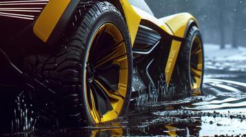 The camera zooms in on the tires tread highlighting the deep grooves and channels that expel water and improve handling in wet conditions photo