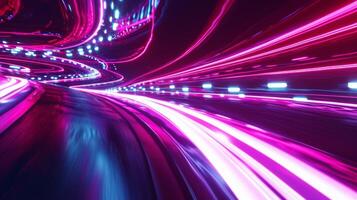 The glowing neon trails of ping cars are captured in a closeup shot showcasing the dynamic and fastpaced nature of city nights photo