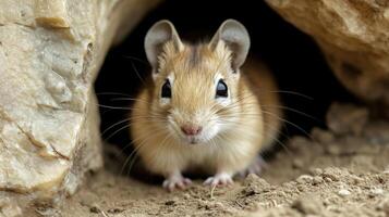Closeup of a Mongolian Gerbils small but mighty front teeth as it gnaws away at the entrance of its burrow creating and maintaining a clear opening for quick escape photo
