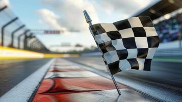 A tight shot of the checkered flag being held up by a race official the backdrop of the racetrack adding to the sense of speed and adrenaline photo