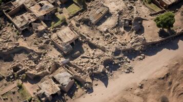 An overhead view of a community in ruins, with cracked ground and fault lines spreading like a spider web, a grim reminder of the intense tremors that shook the region. photo