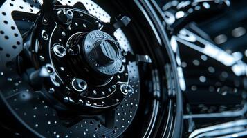 The glossy black coating on the brake caliper is highlighted in the closeup shot giving it a sleek and modern appearance photo