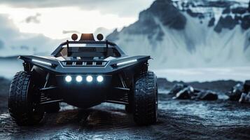 The camera zooms in on the front of an allterrain vehicle revealing its powerful headlights and sy bull bar ready to take on any obstacle in its path photo