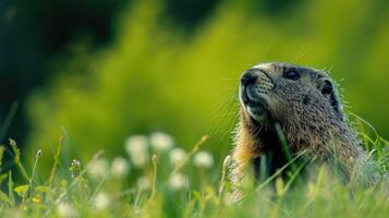 Closeup of a hoary marmot with its head just visible above a tall patch of vibrant green gr its whiskers twitching as it takes in its surroundings photo