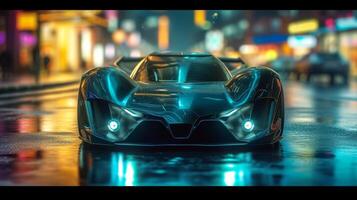 As the camera pans over the sleek and aerodynamic design of a street racing car the headlights stand out as a formidable feature reflecting the intensity and adrenaline o photo