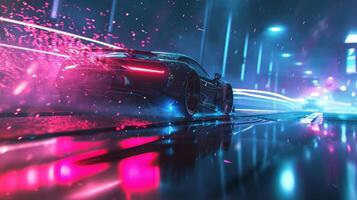 As the car comes to a sudden stop the tail lights create a dazzling burst of light leaving a fading trail of neon behind photo