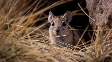 Closeup of a Kangaroo Rats wide alert eyes as it quickly navigates through the tall gr towards its den always on the lookout for predators photo