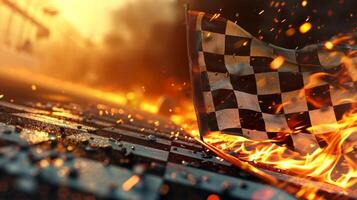 A closeup of the checkered flag being waved by the flagman signaling the final lap and igniting a burst of energy in the drivers photo