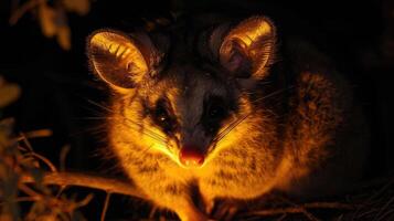Closeup of a possum basking in the warm glow of a streetlight its thick fur illuminated and highlighting the intricate patterns of its markings photo