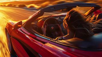 A closeup of the drivers face as the convertible top is lowered capturing the feeling of the wind rushing through their hair and across their skin photo