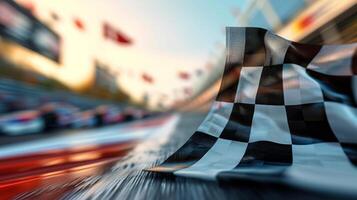 A closeup of the checkered flag in focus while the blurred background shows a blur of international flags and cars zooming by showcasing the intense and fastpaced nature o photo