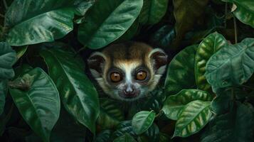Closeup of a slow loris peering out from a of leaves its fur blending seamlessly with the green foliage as it moves through the forest with stealth and grace photo