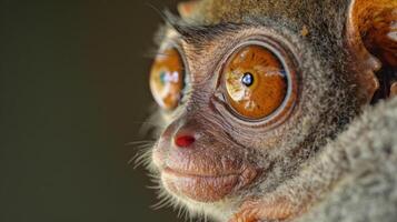A tarsiers closeup profile showcasing its distinct features such as its elongated fingers and of course those enormous unblinking eyes photo