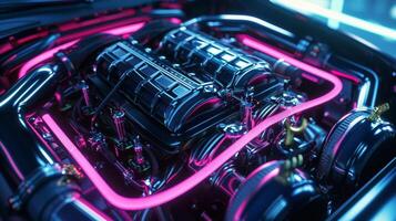 The neon lights reflecting off a sleek black intake manifold revealing its detailed design and adding a touch of urban art to the engine bay photo
