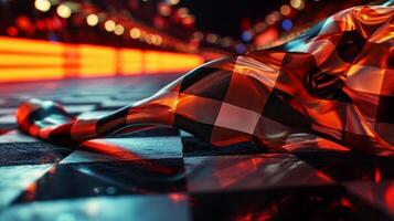 Slow tracking footage of the checkered flag being carried by a runner the rhythmic movement of the fabric creating a mesmerizing visual effect photo