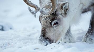 Closeup of a Svalbard reindeers thick fur insulated with snow as it nibbles on frozen gr blades photo