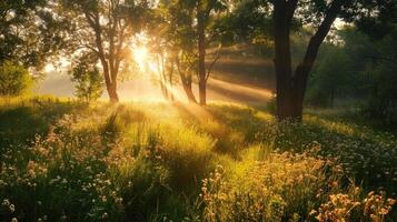 Rays of warm sunlight peeking through the trees and dancing across the meadow. photo