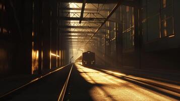 A low angle shot of a train ping through an industrial area its headlights casting mesmerizing shadows and light patterns on the surrounding buildings photo