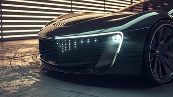 Next we see a headlight with a retroinspired shape but made with modern materials such as carbon fiber and LED lights. The black and silver color scheme and sleek design giv photo