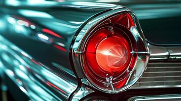 A closeup of the tail light of a clic car its chrome bezel and retro design reflecting the aesthetic of a bygone era photo
