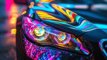 Eyecatching closeup shot of a cars headlights with a prism effect showcasing a brilliant spectrum of colors that is sure to turn heads on the road photo
