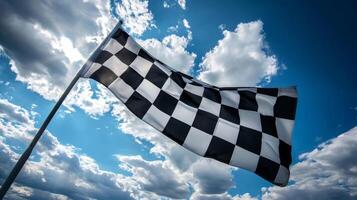 A closeup shot of the checkered flag being waved against a backdrop of billowing white clouds evoking a feeling of triumph and accomplishment photo