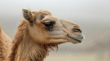 Closeup of a dromedarys long elegant neck as it bends to face away from the wind its lashes fluttering and protecting its face from the blowing sand photo