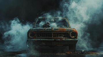 Smoke billows out from under the hood of a rusted old car its dinged and dented exterior betraying the beastly engine hidden within photo
