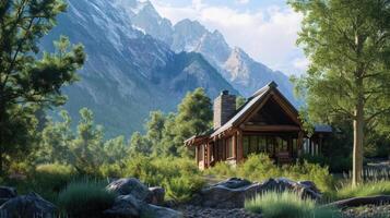 A peaceful cabin nestled between towering mountains, providing a tranquil space for introspection and rejuvenation. photo
