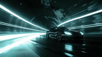 A side view of a car moving through a tunnel its headlights leaving a trail of light that stretches out behind it. The stark contrast between the bright beams and the dar photo