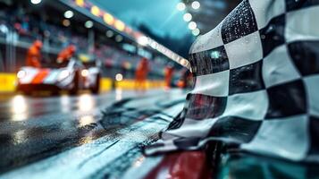 The checkered flag waves triumphantly against a backdrop of blurred pit crew members working frantically to prepare a car for its next stint on the track photo