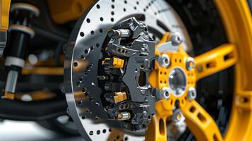 A closeup of the brake calipers mounting hardware reveals its sy and secure attachment to the vehicles rotor photo