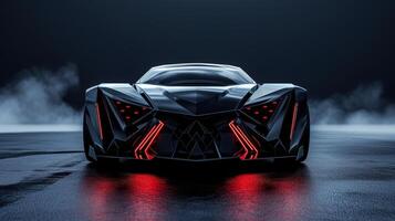 A dramatic shot of an angular and aggressive front grille illuminated with bold red lights that add a fierce edge to the vehicles appearance photo