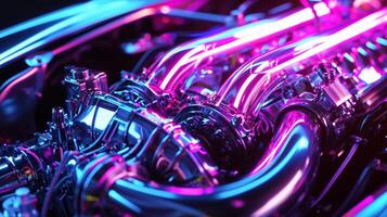 The camera focuses on the intricate details of a custom nitrous oxide system its neon tubing snaking and glowing as it pumps power into the engine photo