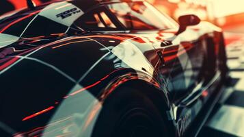 A slowmotion shot of the checkered flag gently falling down onto the hood of a race car signifying the end of an unforgettable season photo