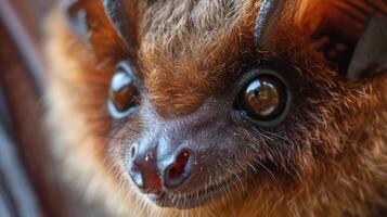 Closeup of a bats face with dull sunken eyes and thinning fur. Whitenose syndrome not only affects the external features of the bat but also weakens its immune system an photo