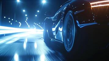 In a slowmotion shot the camera focuses on the intense white light emanating from a set of headlights as the car speeds down the road. The sound of the engine builds to photo