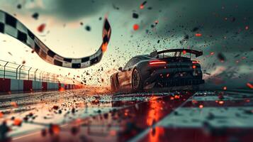 The determined expression of a racer as they break through the checkered flag marking the end of an era and the beginning of a new chapter photo