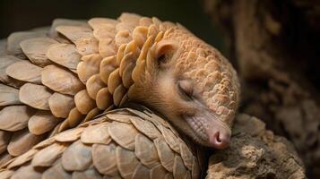 Closeup of a pangolins closed eyes and relaxed face while rolled up indicating a sense of safety and security in its defensive stance photo