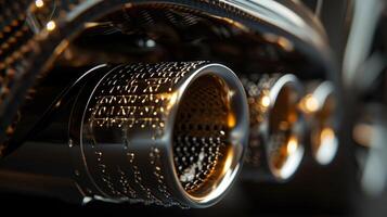An upclose view of the exhaust pipes capturing their metallic texture and intricate patterns photo