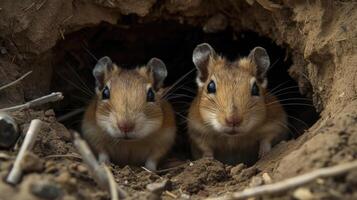 Closeup of a pair of Mongolian Gerbils working together to clear out their burrow one with a mouthful of dirt while the other swiftly shovels it out of the opening photo