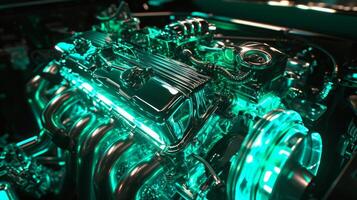 The camera zooms in on a sparkling silver engine block with shades of green radiating from the surrounding neon lights highlighting its mechanical beauty photo