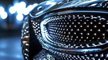 The intricate design of a luxury cars illuminated grille is highlighted in a closeup with intricate patterns and delicate LED lights creating a highend look photo