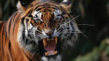 Closeup of a tigers exposed teeth as it snarls scenting the air and preparing to take down its prey in one swift move photo