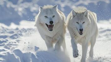 Closeup of two Arctic wolves in midplay their mouths open in joy as they bound through the snowbanks photo