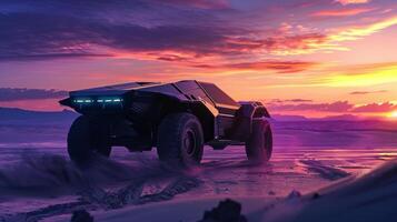 The desert is alive with activity as vehicles traverse the sandy terrain their lights blending with the deep purples and pinks of the evening sky photo