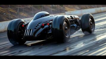 The distinctive pop and crackle of a nitro engine can be heard as it races down the track fueled by a powerful combination of nitroane and anol photo