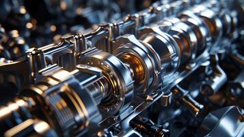 With a focus on the camshaft the engines heart the camera captures its movements as it controls the opening and closing of the valves photo