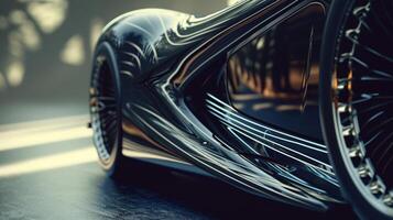 A low angle view of a luxurious cars front fender showcasing the finely crafted curves and lines that enhance both aesthetics and aerodynamics photo